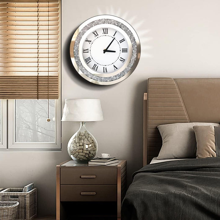 DMDFIRST Silberfarbener runder Spiegel, 30,5 cm, Kristallglitzer, glitzernd, Diamant-Spiegel-Wanduhr