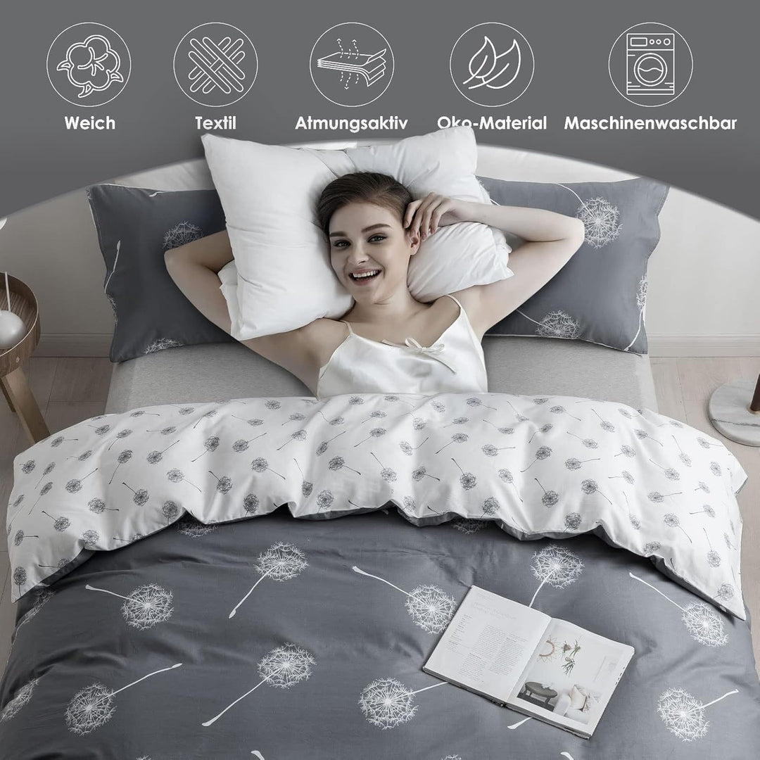 KEAYOO Bettwäsche 135x200 Grau Weiss Wendebettwäsche Pusteblume Muster 100% Baumwolle für Winter bis