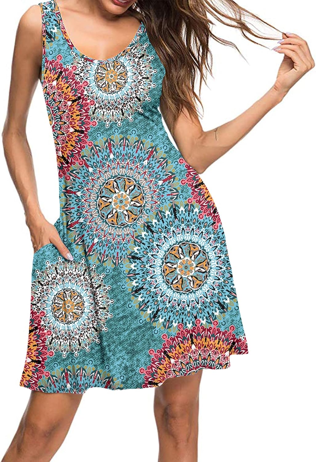 AUSELILY Damen Sommerkleid V-Ausschnitt Strandkleid Ärmellos Swing Kleider mit Taschen S 01 Grün Dru