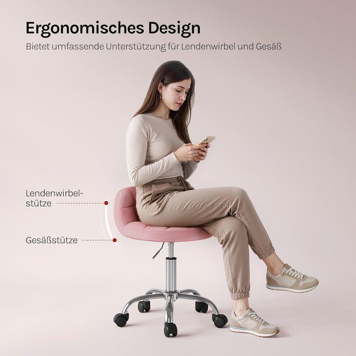 WOLTU Schminktisch Stuhl Rosa, Drehstuhl mit Rollen, Rollhocker höhenverstellbar, Arbeitshocker, Hoc