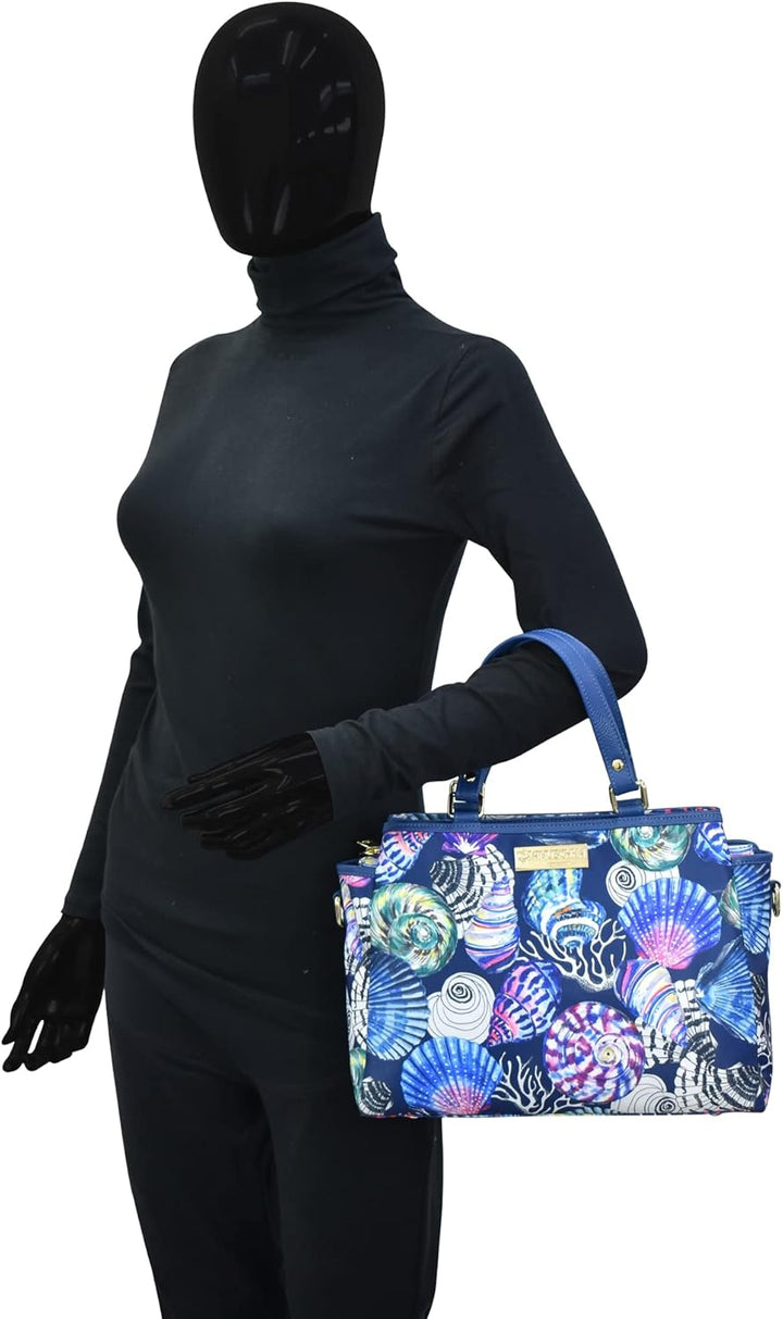 Anuschka Satchel mit Fächern - Wanderlust Kollektion - Nylonstoff mit Leader Trim und Kunstdruck Sea