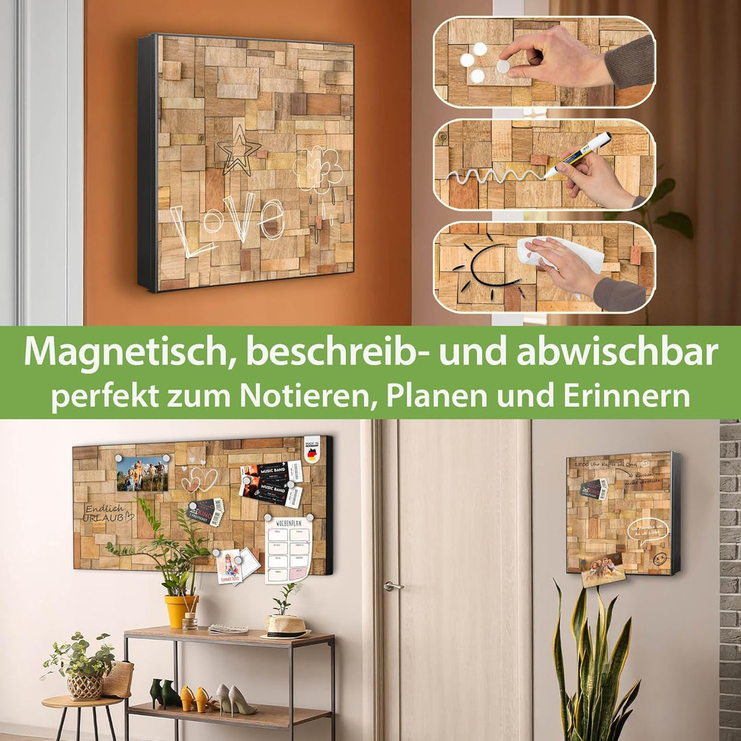 banjado® Grosser Schlüsselkasten Glas/Schlüsselbox 30cm x 30cm mit 50 Haken - Motiv Hölzernes Flickw