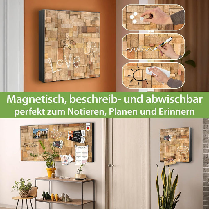 banjado® Grosser Schlüsselkasten Glas/Schlüsselbox 30cm x 30cm mit 50 Haken - Motiv Hölzernes Flickw
