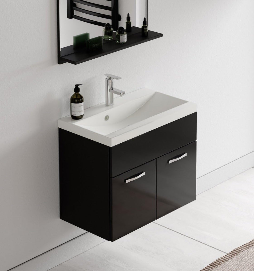 Badplaats B.V. Badezimmer Badmöbel Set Montreal 02 60cm Waschbecken Hochglanz Schwarz Fronten - Unte