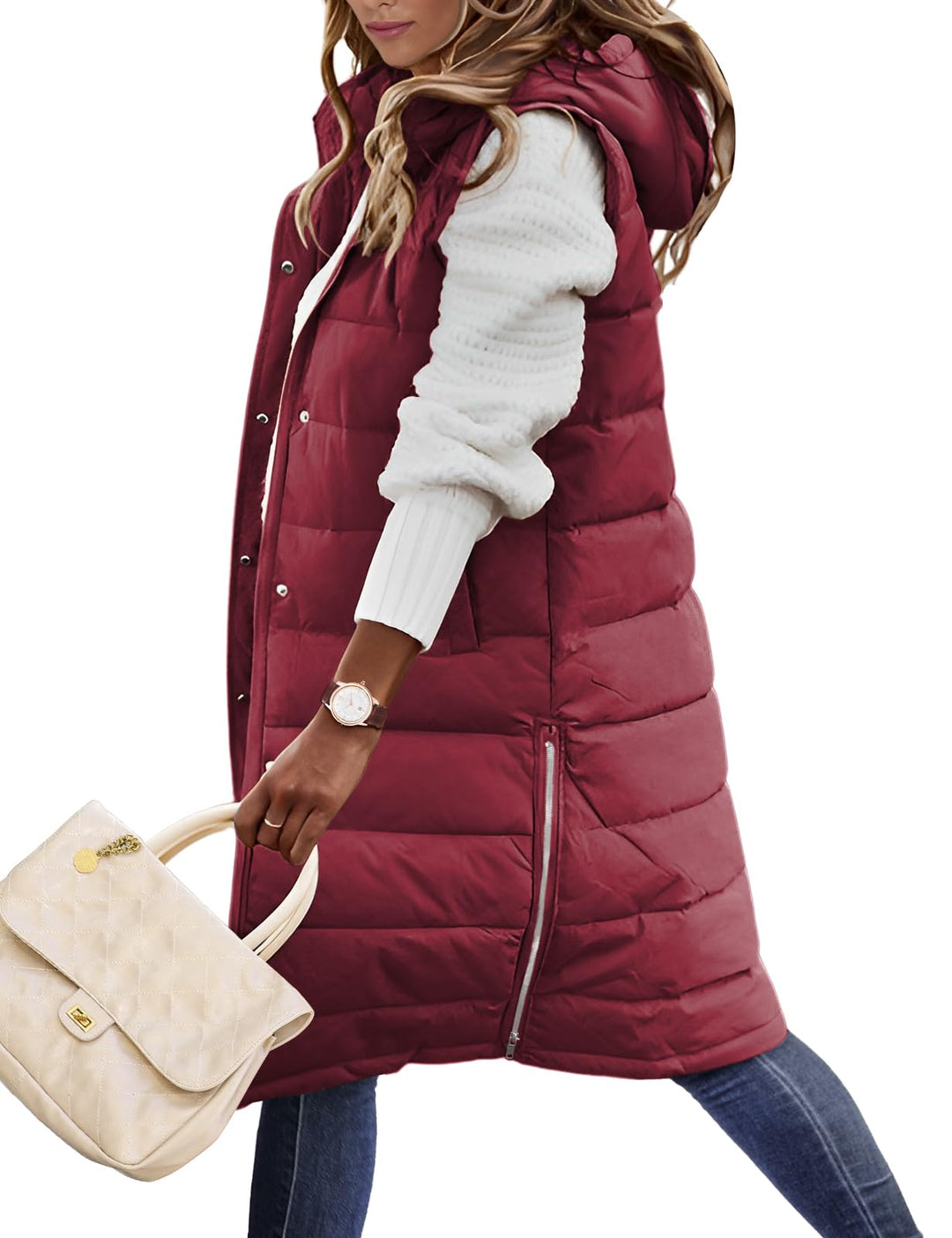 Yuson Girl Lange Jacke Weste für Damen Ärmellose Kapuzenweste Steppweste Damen Lang Winteroberbeklei