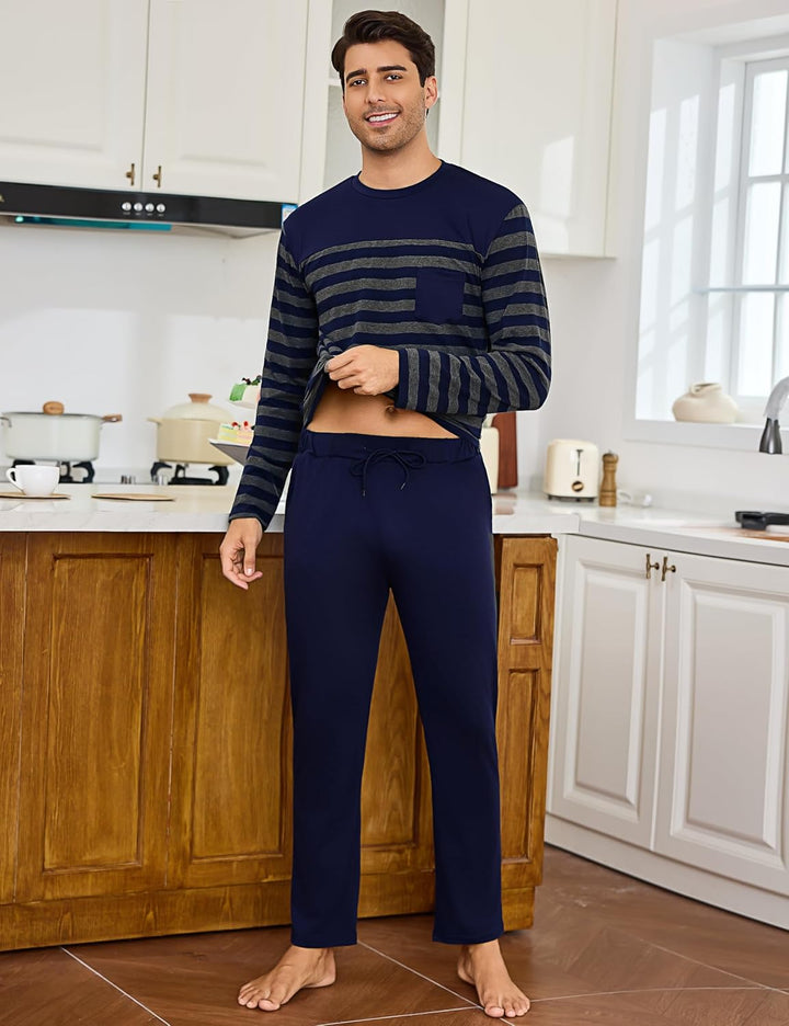 Irdcomps Schlafanzug Herren Pyjama Lang Winter Baumwolle Nachtwäsche Männer Set Langarm Gestreift M
