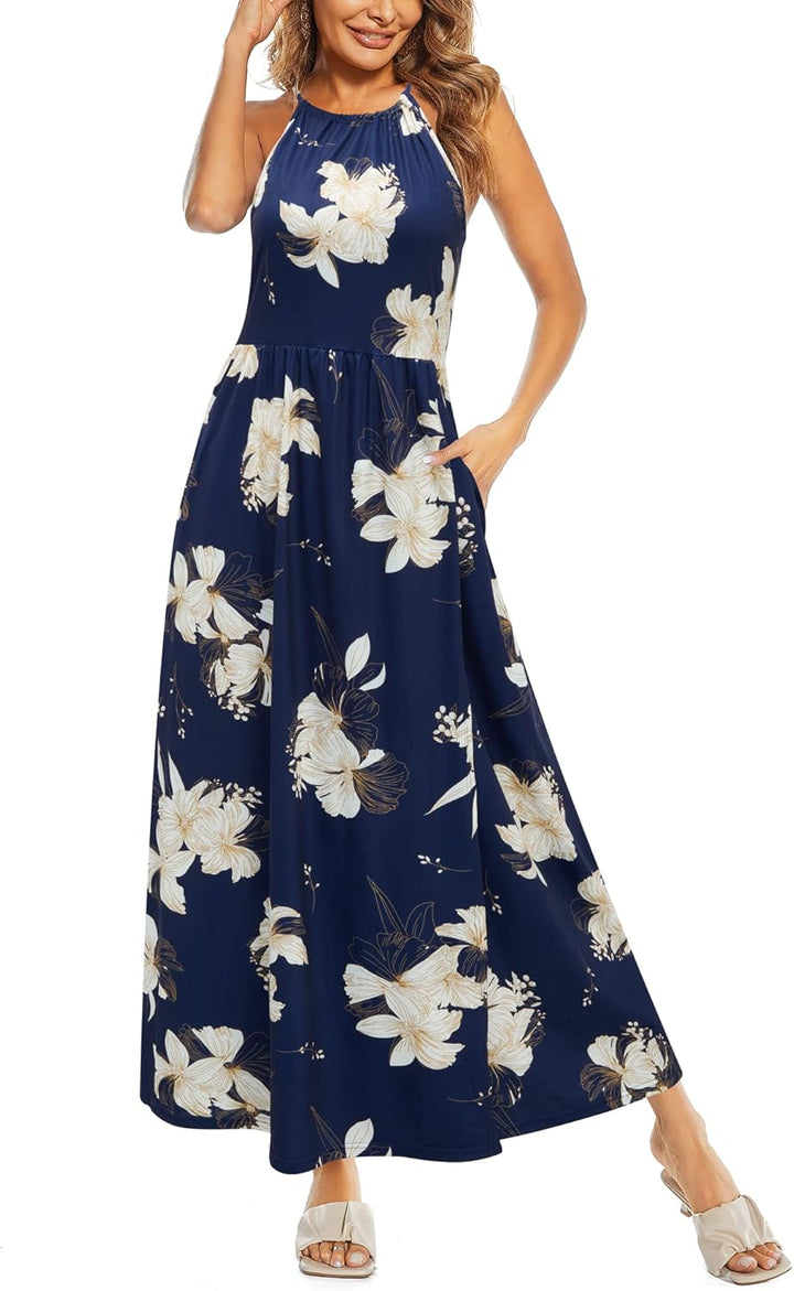 KILIG Damen Sommerkleid Lang Elegant Sommer Neckholder Kleid Hochzeitsgast Maxikleid Partykleid Schl