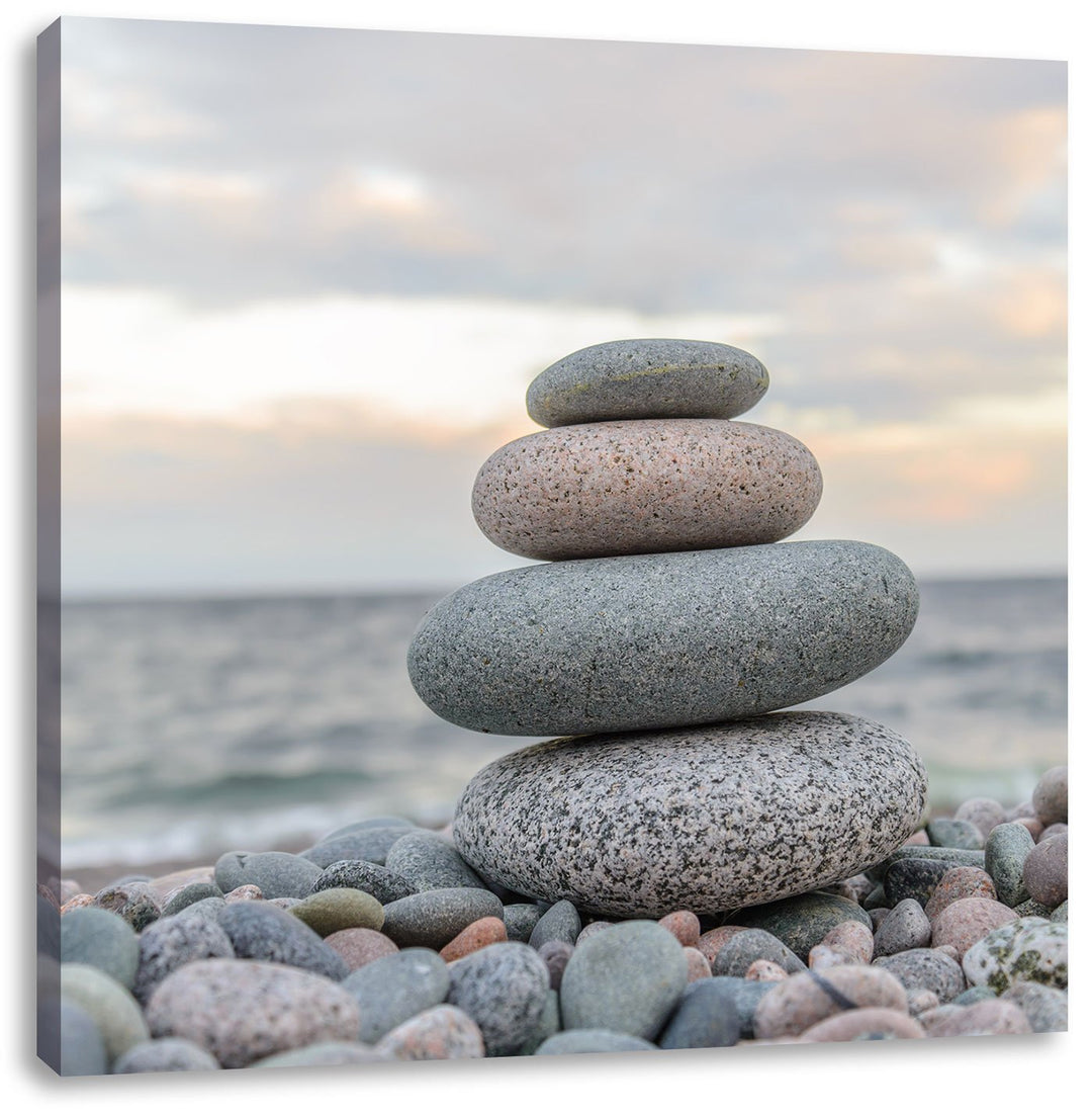 Steinturm am Strand, Format: 70x70 auf Leinwand, XXL riesige Bilder fertig gerahmt mit Keilrahmen, K