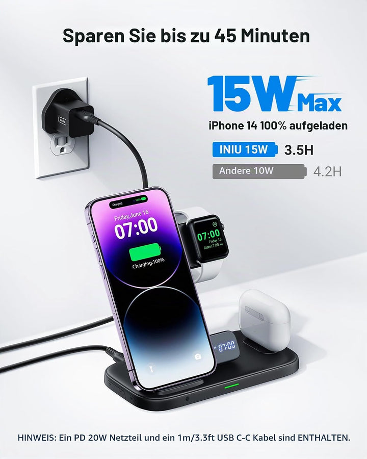 INIU 3 in 1 Kabelloses Ladegerät, Induktive Ladestation für Apple Watch und iPhone, Wireless Charger