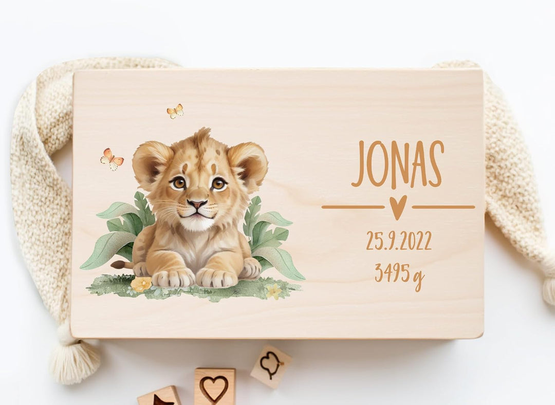 Little Deco Personalisierte Erinnerungsbox Baby Dschungel Löwe Holzkiste | L - 40 x 30 x 22 cm | Ges