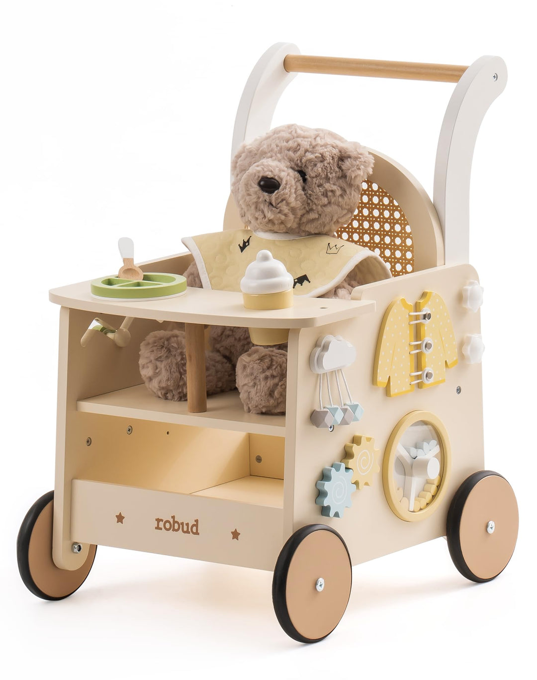 ROBUD Holz lauflernhilfe Baby Walker, 2-In-1 Puppe Lauflernwagen mit Montessori Busy Activity Board