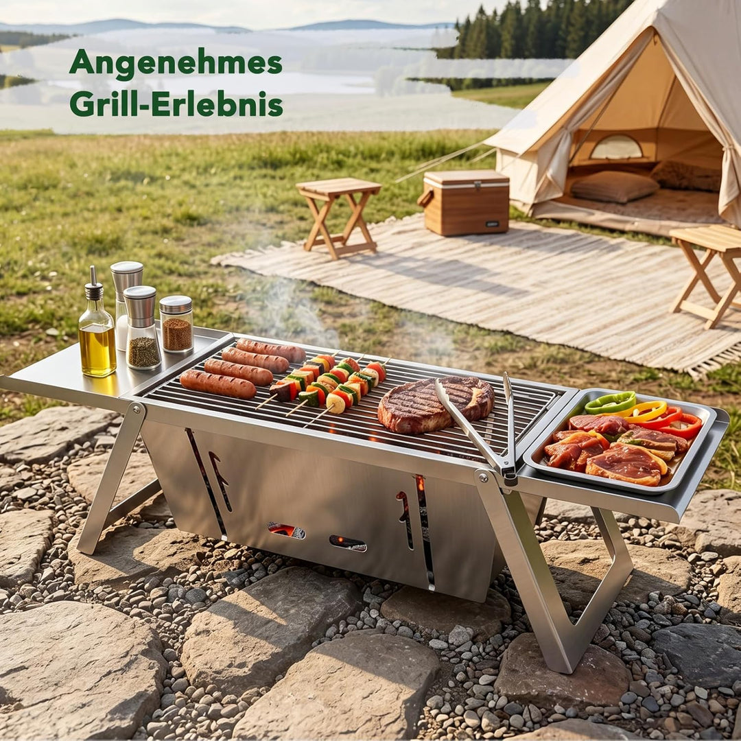 E EASTSTORM Camping Grill, Klappgrill Holzkohlegrill mit 4-stufiger Hitzeverstellung, Mini Tischgril