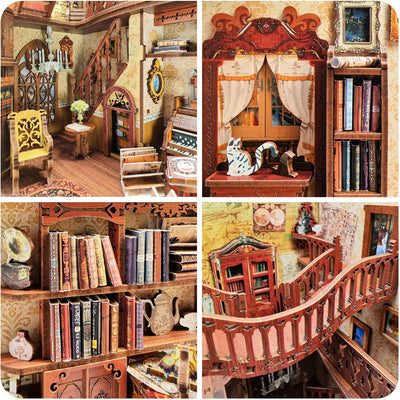 Cuteefun Book Nook Kit, DIY Miniatur Haus Kit mit Möbeln und LED Licht, Buchstützen Modellbau, Model