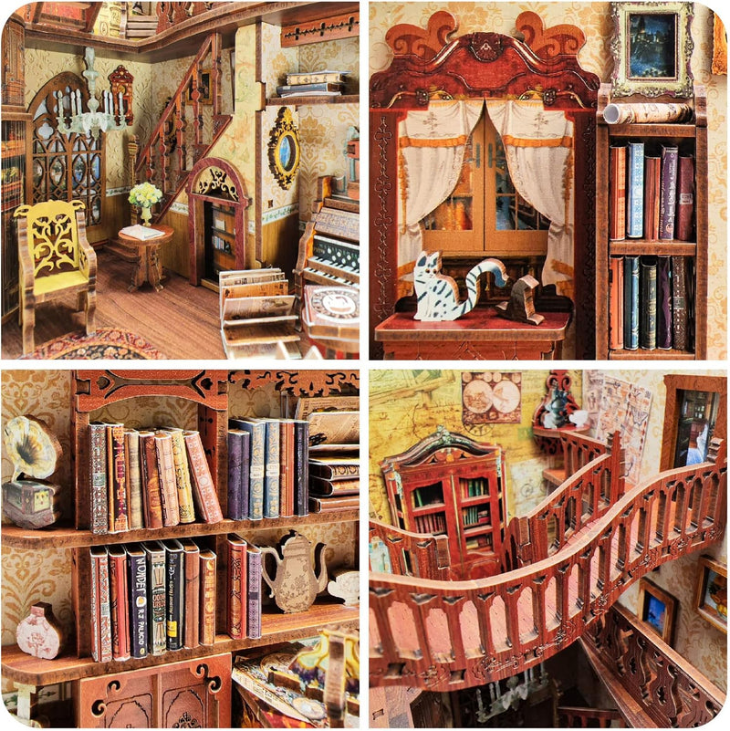 Cuteefun Book Nook Kit, DIY Miniatur Haus Kit mit Möbeln und LED Licht, Buchstützen Modellbau, Model