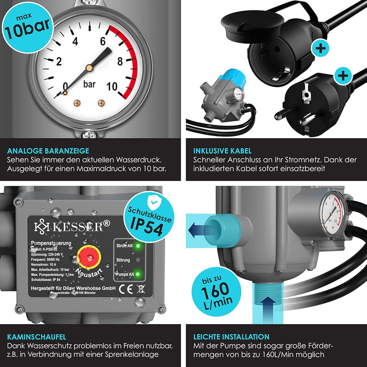 KESSER® Pumpensteuerung mit Baranzeige | mit Kabel | 10 bar Druckwächter Elektronische Pumpensteueru