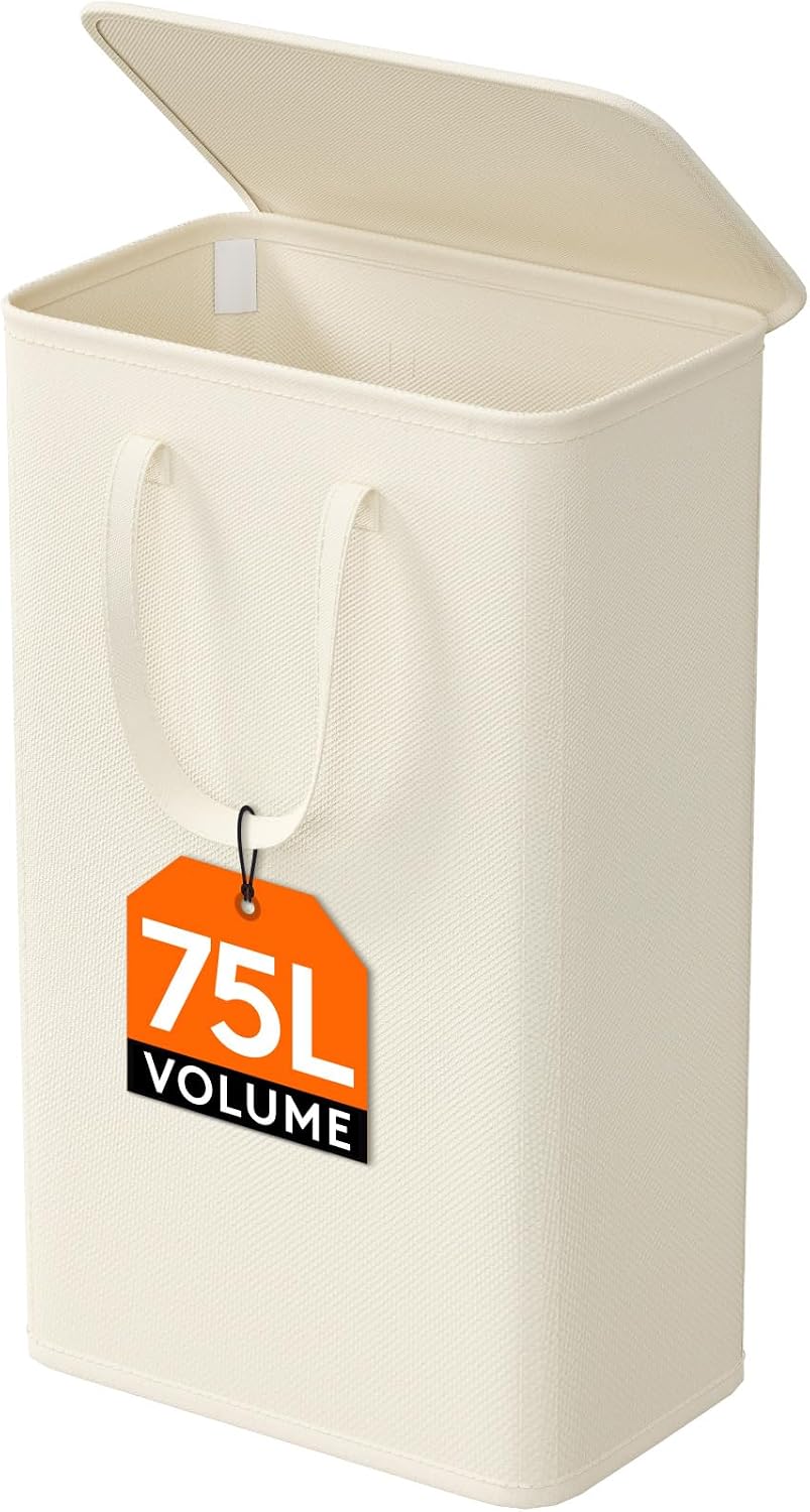 Lifewit 65L schmaler faltbarer Wäschekorb mit Deckel, Weiss | Schlanke Wäschebox mit Griffen als Sch