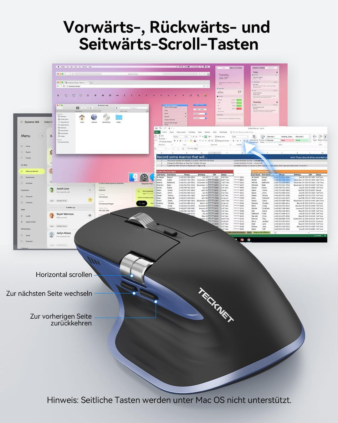 TECKNET Bluetooth kabellose Maus(BT 5.3/5.0+2,4G), Seitliches Mausrad, Superschnelles Scrollen, Wied