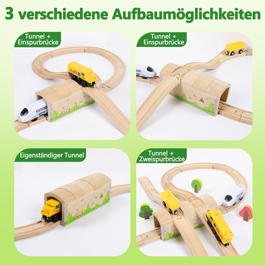 Holzeisenbahn Tunnel und Brücke Set mit S-Schienen, Holz Eisenbahn Brücke Zubehör kompatibel mit füh