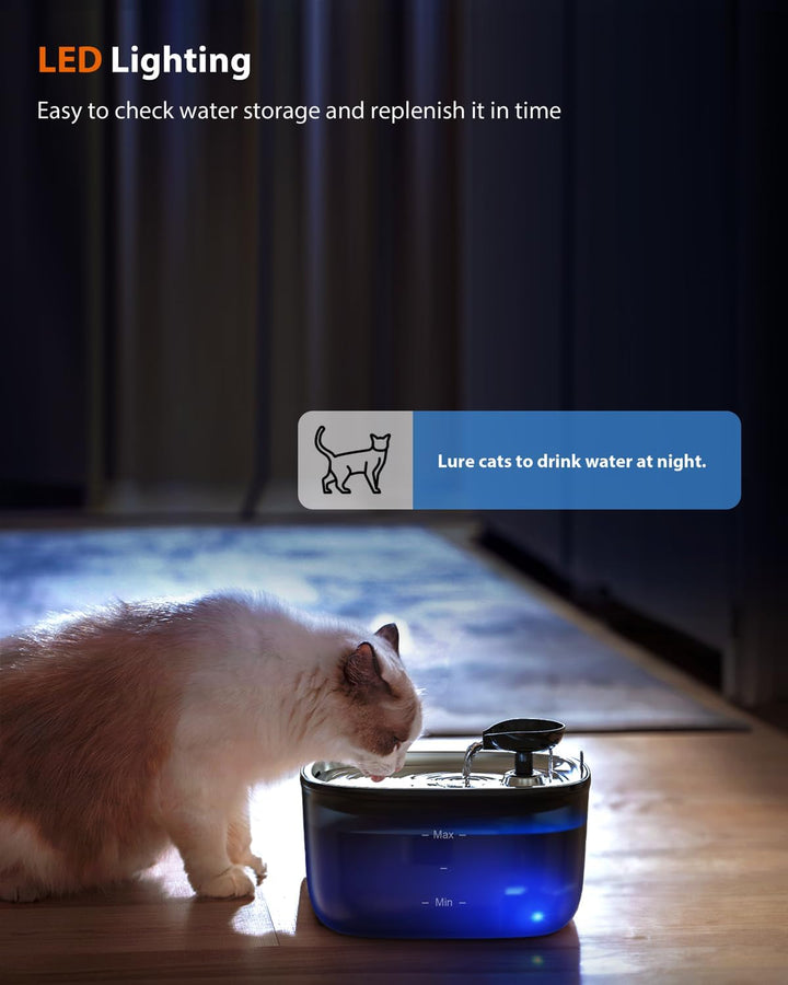 Stouchi Katzenbrunnen,Super Leise Edelstahl Trinkbrunnen für Katzen 2.5L Trinkbrunnen für Katze,LED