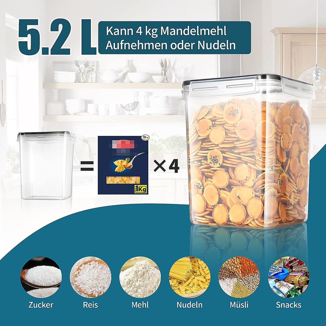 5,2L Gross Vorratsdosen mit Deckel Luftdicht 4er Set mit Kreidemarker und Etiketten, BPA Frei Plasti