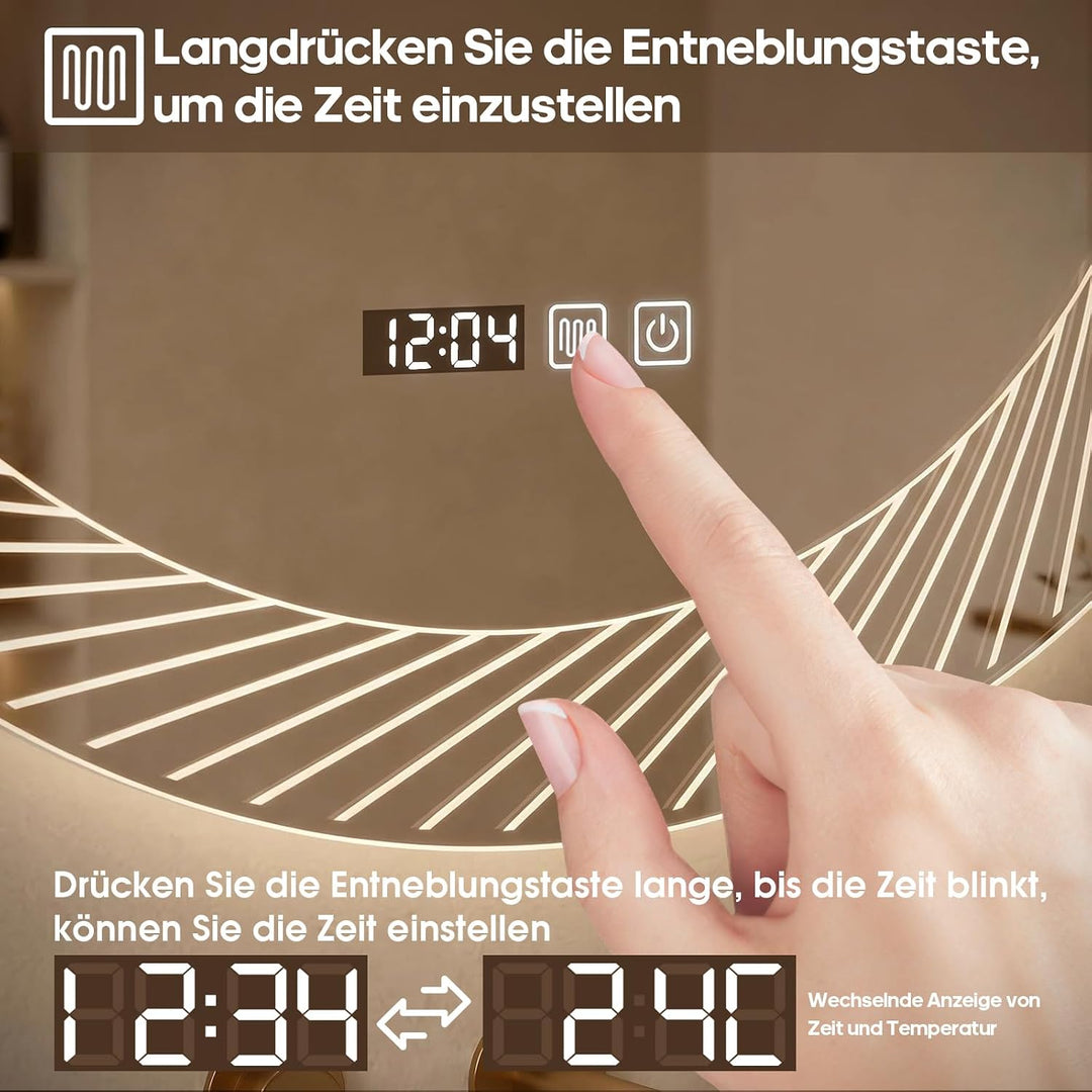 Badspiegel mit Beleuchtung, 60 cm Spiegel mit LED Licht | Zeit anzeigen Touch Schalter Temperaturanz