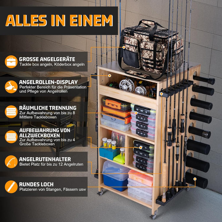 Goture Holz-Aufbewahrungsschrank für Angelausrüstung mit Angelrutenhalter und Platz für Angelboxen u