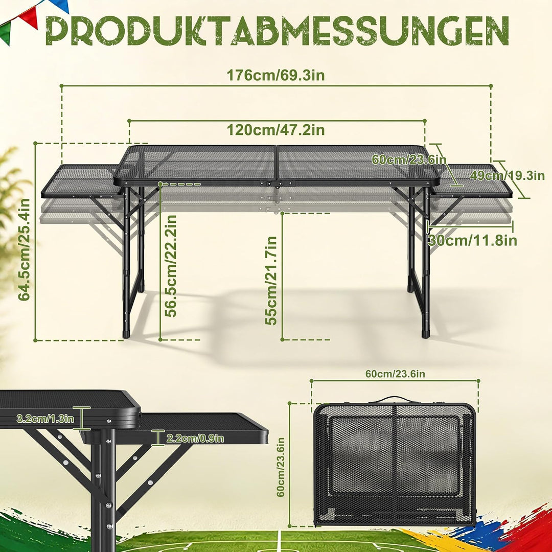 Tragbarer Campingtisch 120x60cm, Höhenverstellbar & Klappbar Gartentisch mit Metallgitterplatte, Erw