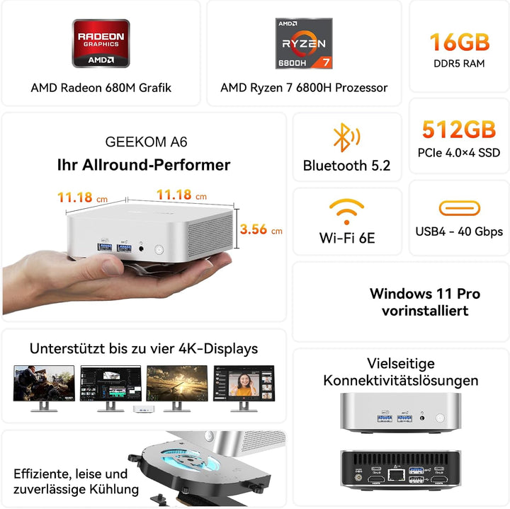 GEEKOM A6 Mini PC, AMD Ryzen 7 6800H (bis 4.7GHz), 16GB DDR5 RAM 512GB SSD, Mini Computer für Homeof