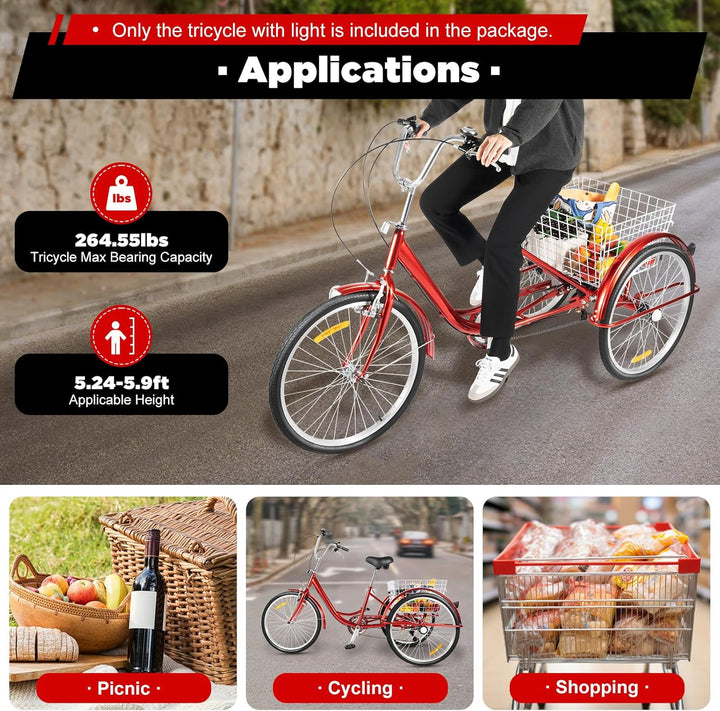 KOLHGNSE Dreirad für Erwachsene, 24 Zoll Dreirad 6-Gang 3-Rad Fahrrad Erwachsene Dreirad Cruise Trik