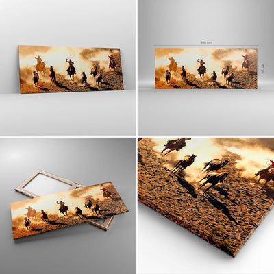 Panorama Bilder auf Leinwand 100x40cm Leinwandbild Cowboys Pferde Galopp Gross Wanddeko Bild Schlafz