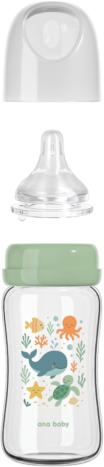 Ana Baby Babyflaschen aus reinem Glas, 2er-Set, BPA-freie Borosilikatglasflaschen mit weichem Siliko