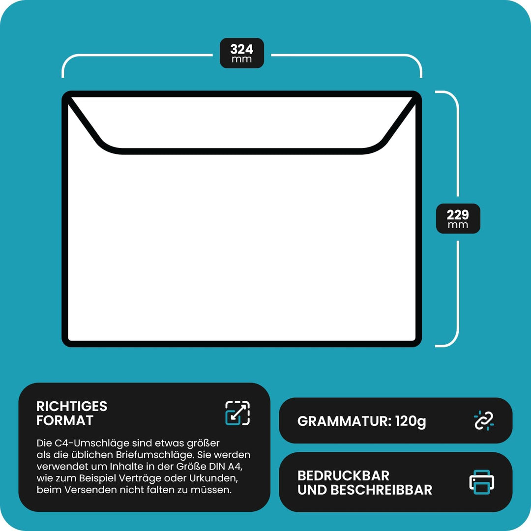 Netuno 50 Briefumschläge Weiss DIN C4 22,9 x 32,4 cm 120g Olin Umschläge gross für DIN A4 Dokumente