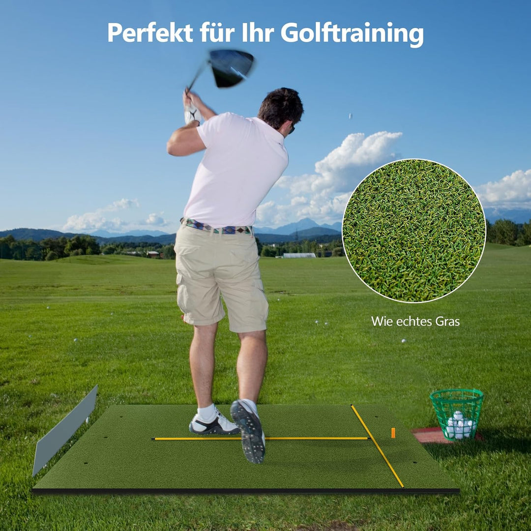 GYMAX Golf Abschlagmatte, Golf Übungsmatte mit 2 Gummi-Tees, 2 Ausrichtungsstäben & 6 Abschlagpositi