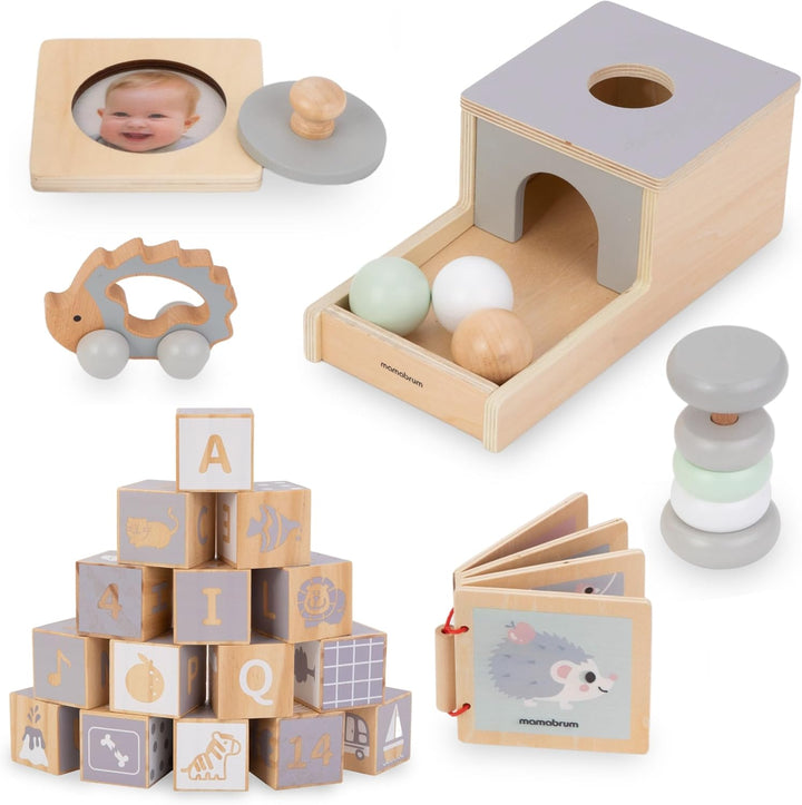 mamabrum Montessori Holz-Spielzeug-Set: 6 Lernspielzeuge für Babys ab 6 Monaten - Fördert Motorik &