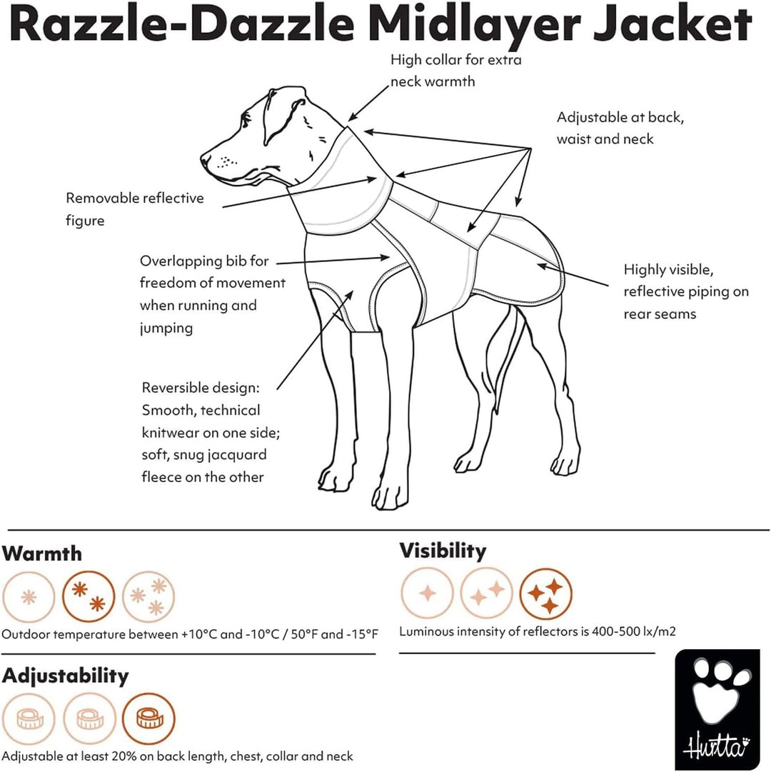 Hurtta Razzle-Dazzle Midlayer Jacke für Hunde, verstellbar, wendbar, Pull On, unter Regenmänteln und
