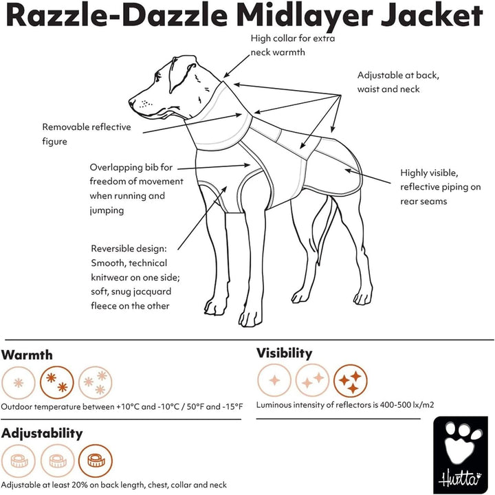 Hurtta Razzle-Dazzle Midlayer Jacke für Hunde, verstellbar, wendbar, Pull On, unter Regenmänteln und