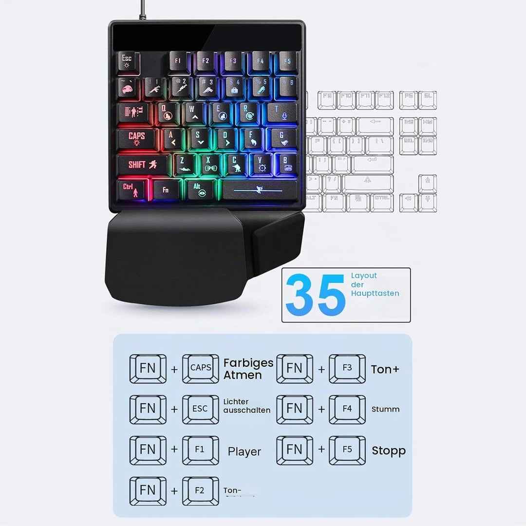 Einhändiges mechanisches Gaming-Tastatur-Maus-Set, 35 Tasten 7-Farben-Hintergrundbeleuchtung E-Sport