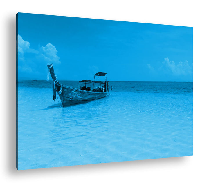 deyoli Boot am Meer Format 80x60 Effekt: Monocrome Blau als Leinwandbild, Motiv fertig gerahmt auf E