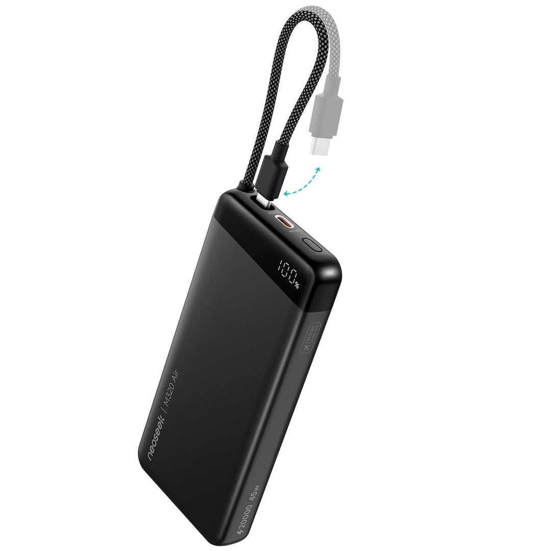 Power Bank, 20000mAh 45W Schnellladen mit Integriertem USB-C Kabel, Externe Handyakkus Kompatibel mi