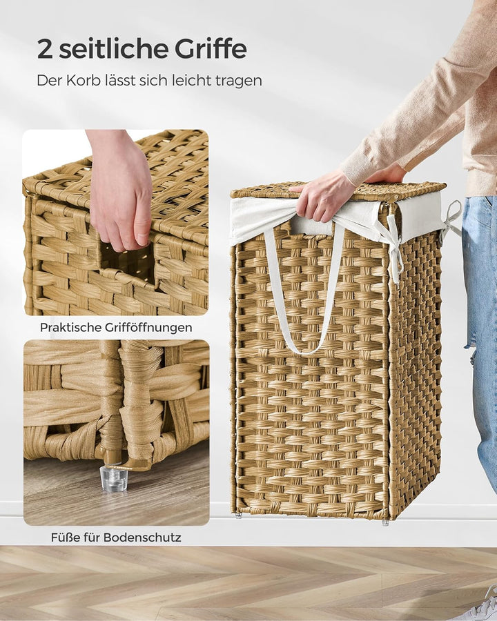 SONGMICS Wäschekorb 90 Liter, handgeflochten, Wäschesammler aus synthetischem Rattan, mit Deckel und