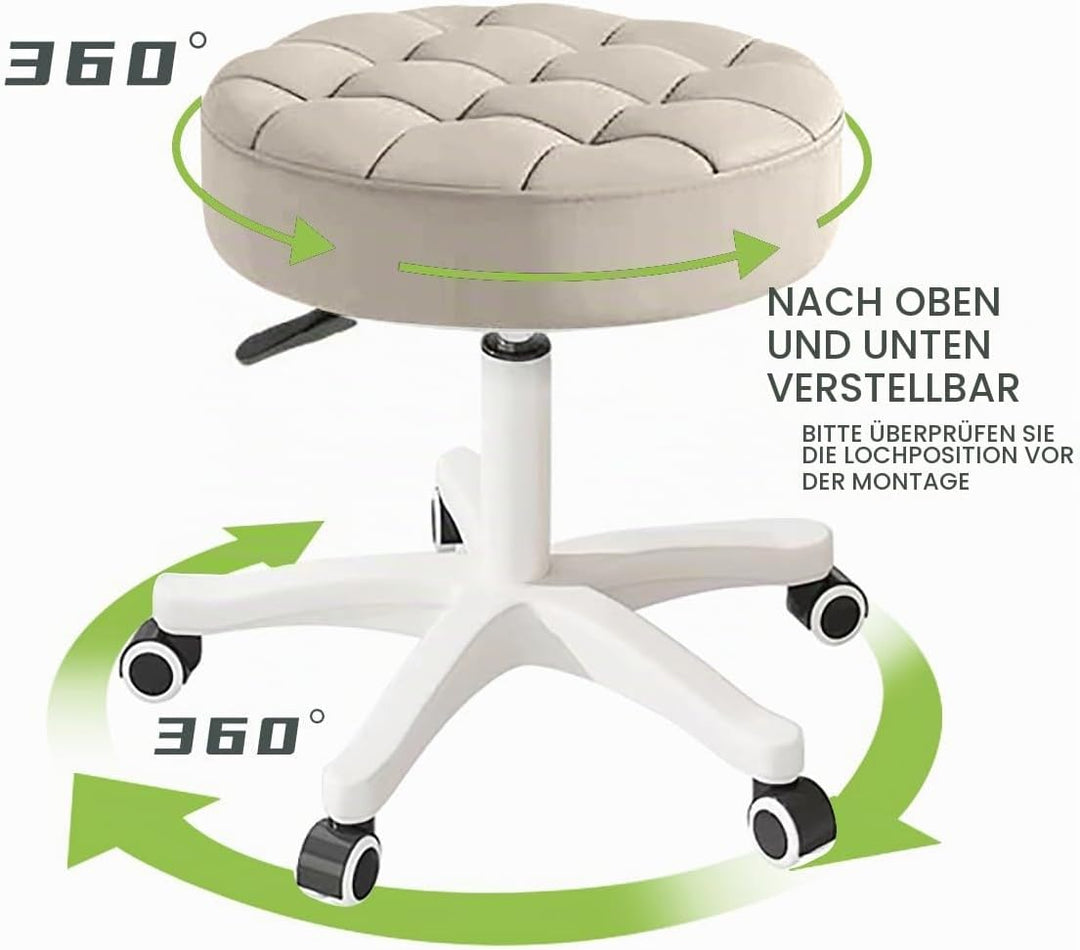 Kleiner Stuhl, runder Drehhocker mit Rollen, Sitzhöhe 35–45 cm, 360° drehbar, PU-Leder, höhenverstel
