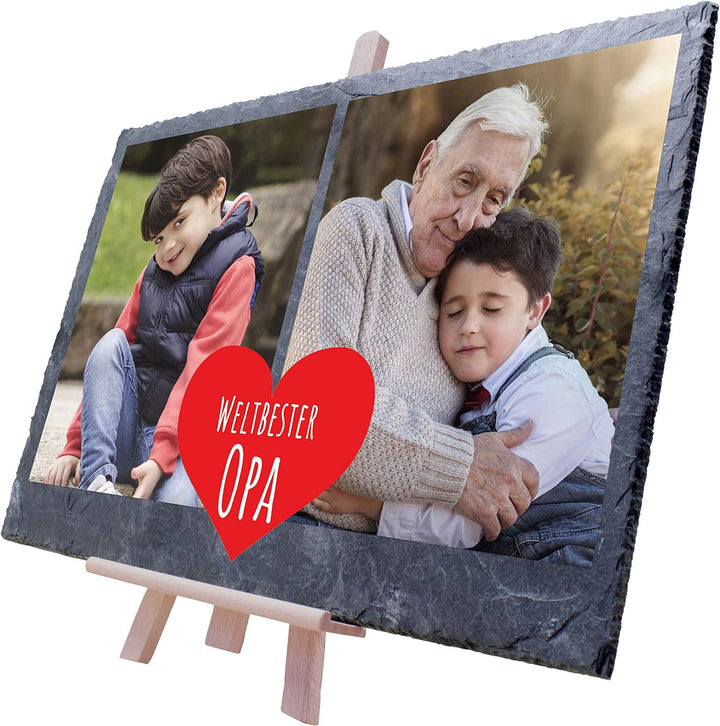 wandmotiv24 Schiefertafel Bester Opa mit Holz-Staffelei, Personalisiert mit 2 Farb-Fotos, Digitaldru