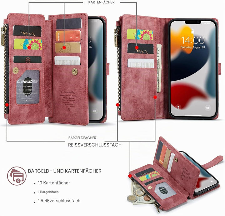QLTYPRI Handyhülle für iPhone 13 Pro, Reissverschluss Hülle PU Leder Klapphülle Kartenfach Geldbörse