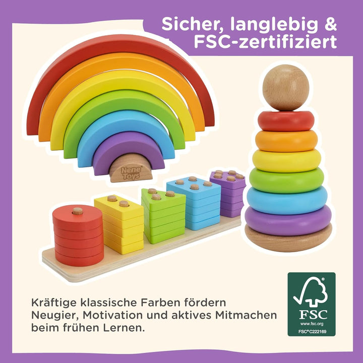 Nene Toys Montessori Holzspielzeug ab 1 Jahr – FSC 3-in-1 Regenbogen, Stapelturm & Sortier-Steckspie