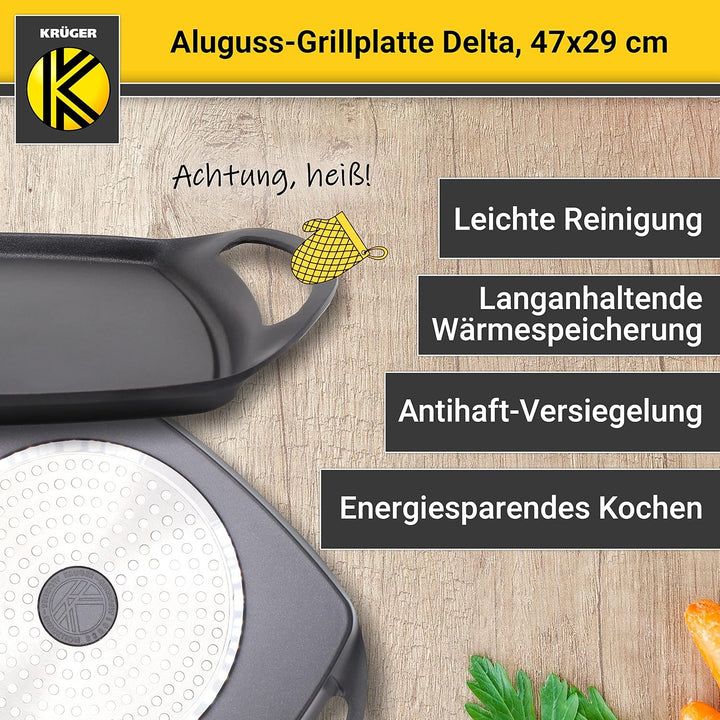 Krüger Aluguss-Grillplatte Delta 47x29cm - Grill-Platte mit Antihaft-Versiegelung und halbseitigem R