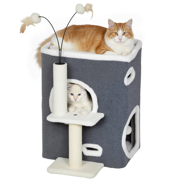 PawHut Kratzbaum 58 cm Kleiner Katzenturm mit Höhle Sisalstämme Grau | Plattform, 3 Plüschballen, Kl