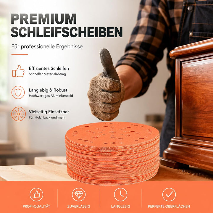 50x Orange Schleifpapier 150mm Klett 47-Loch K150 Für Auto/Holz | Schleifpapier mit Papierträger für
