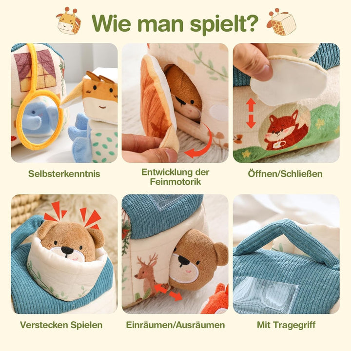 WOODEN TEETHER Baby Spielzeug 4 6 12 18 Months, Montessori Spielzeug Baby Ensory Farm House mit 5 Ti