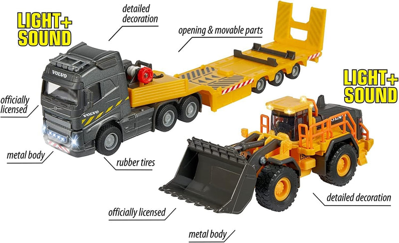 Majorette - Volvo Baustellen-Truck mit Radlader – Spielzeug-LKW mit Auflieger und Baustellenfahrzeug