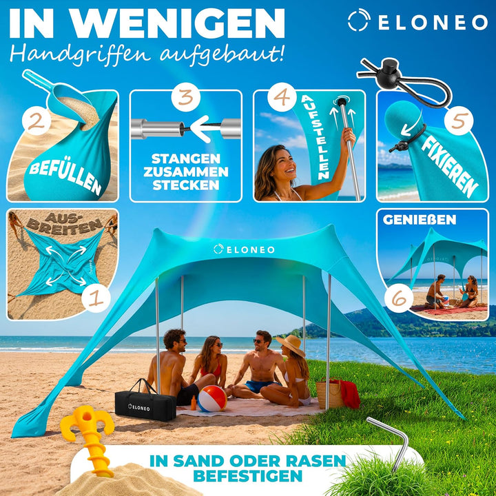 ELONEO Strandzelt, Sonnensegel Strand 228x214x200 cm, LSF 50+, Sonnenschutz für Strand mit Sandschau